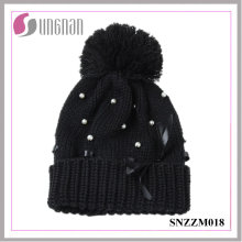 High Quality Winter Multicolor Women Pearl Bow Knit Hat Fur Ball Wool Cap